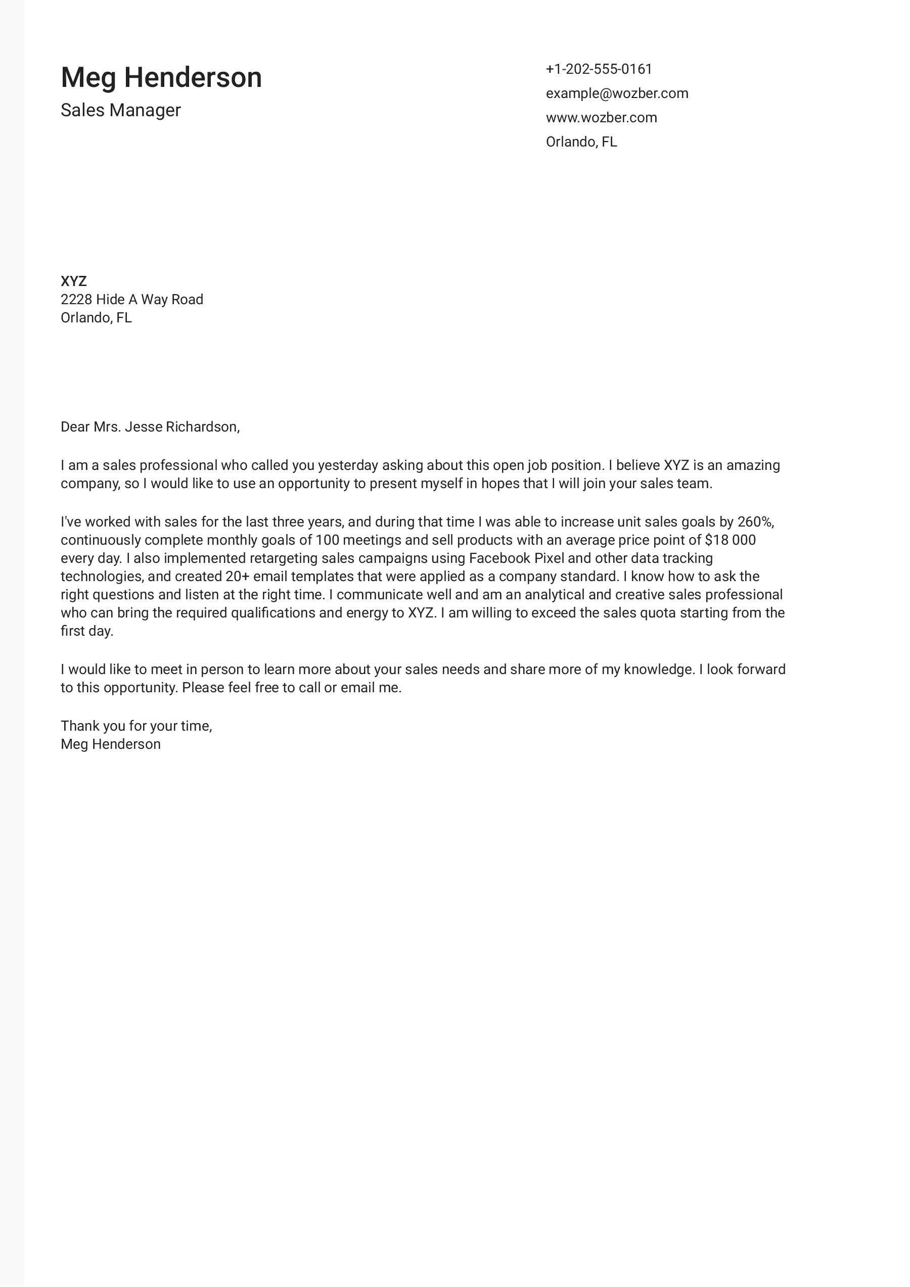 sales manager cover letter
